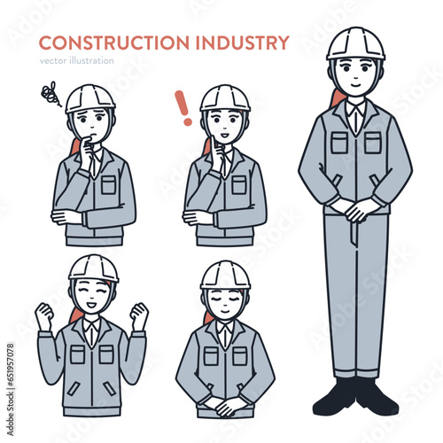 建設業種の女性会社員／作業員 さまざまなポーズセットベクターイラスト素材