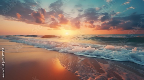 sunset in vibrant beach - beautiful beach landscape with foam waves on the beach