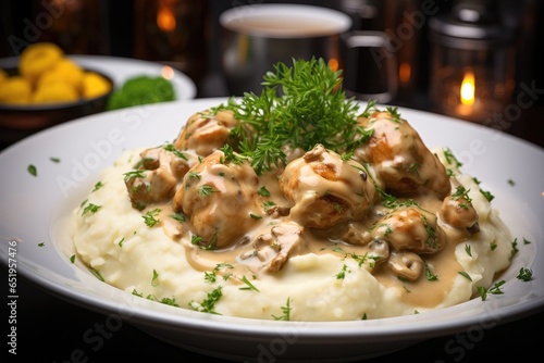 Small chunks of chicken in a white sauce on a plate with a pile of mashed potato.