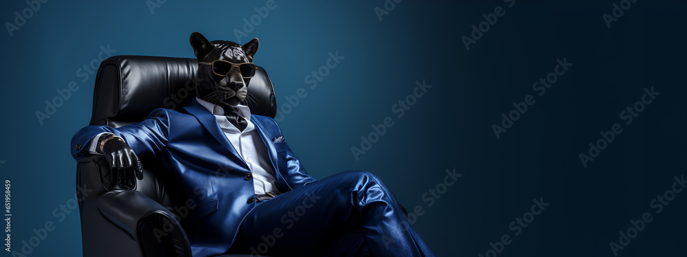Panther im Anzug sitzt in einem blauen Stuhl - obrazy, fototapety, plakaty 