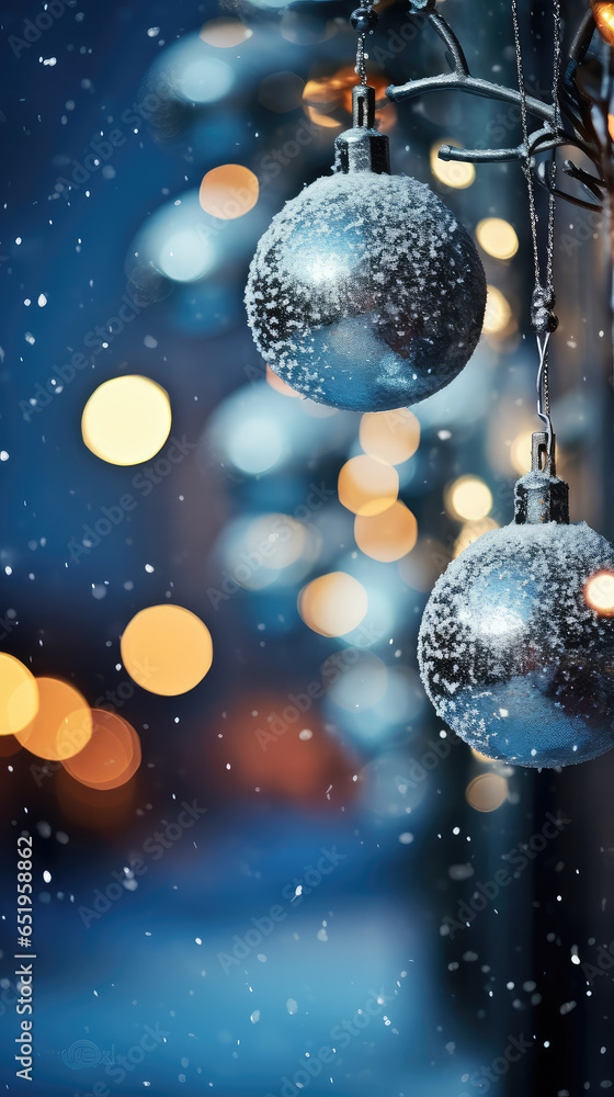 Close up view of Christmas ball decorated on night street light, hang on Christmas tree, xmas ornaments and lights, Christmas holidays background. Copy space. Close up view of Christmas ball decorated on night street light, hang on Christmas tree, xmas ornaments and lights, Christmas holidays background. Copy space.