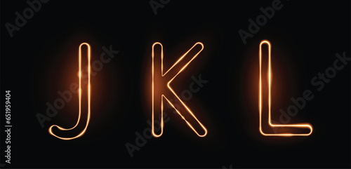 Three letters JKL drawn with a fiery line with sparks on a dark background.  Very realistic illustration.