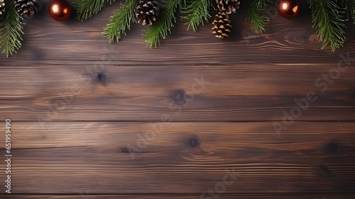 Une bannière avec le fond de planches de bois. Au dessus, de la décoration de noël avec des banches de sapin et des pommes de pin.  photo
