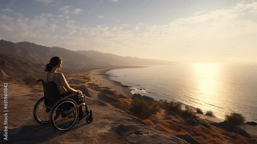 Obraz premium Spirit of strength and overcoming woman in a wheelchair with a disability at the top of a mountain cliff