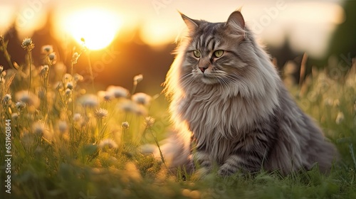 Beautiful Maine Coon cat in a meadow at golden hour 