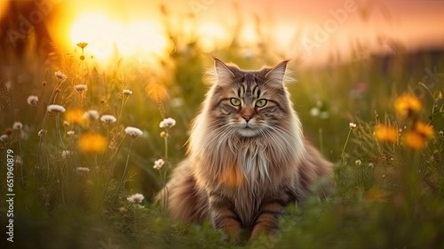 Beautiful Maine Coon cat in a meadow at golden hour	 photo