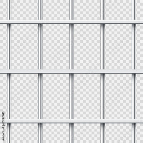 Realistic shiny metal prison bars. Detailed jail cage, prison iron fence. Criminal background mockup. Vector illustration