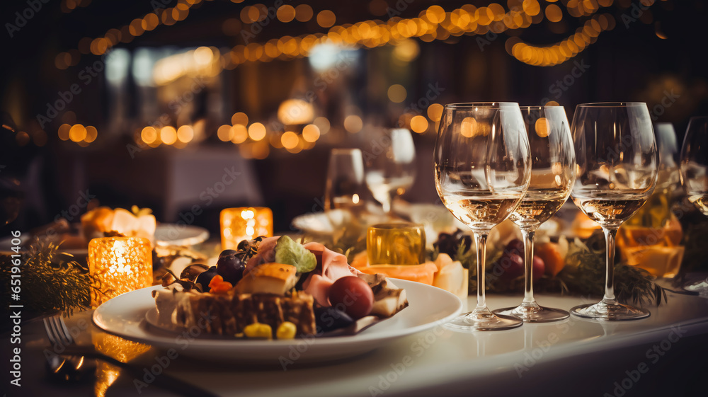 Beautiful wedding table serving with sparkling wine glasses, garland bokeh on the background. Restaurant bar romantic evening dinner food estate.