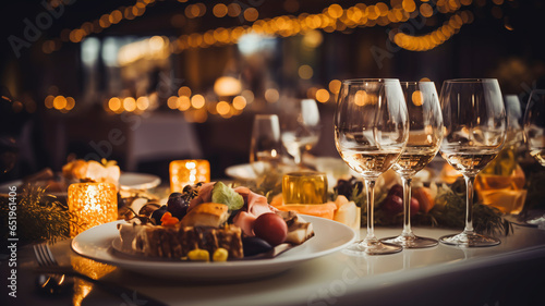 Beautiful wedding table serving with sparkling wine glasses  garland bokeh on the background. Restaurant bar romantic evening dinner food estate.