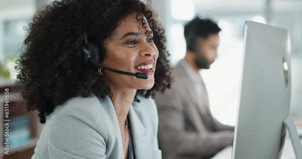 Happy woman, call center and headphones in customer service, telemarketing or support at office. Friendly female person, consultant or agent smile for online advice, help or contact us at workplace