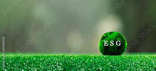 ESG concept of environmental, social and governance. Words ESG on green globe. It is an idea for sustainable organizational development. ​account the environment, society and corporate governance