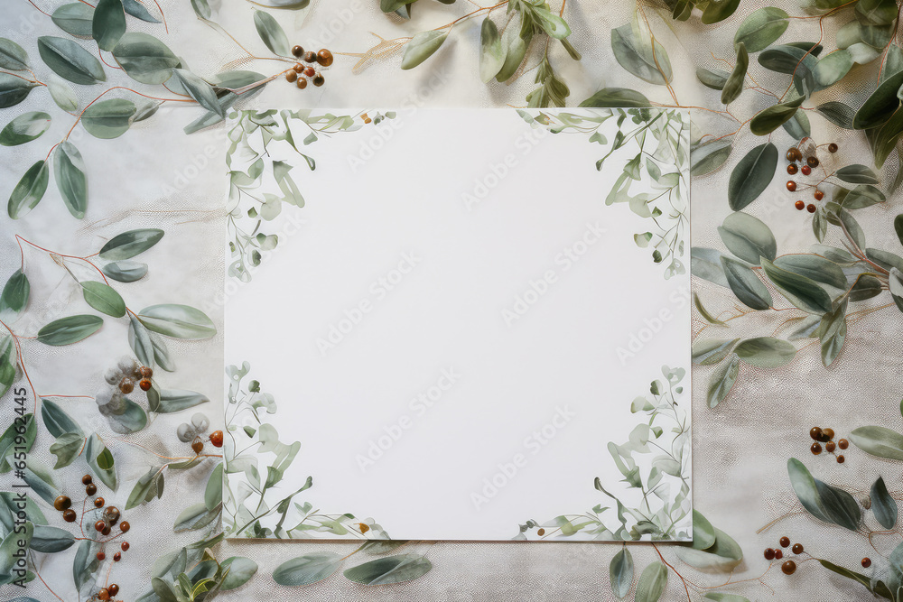 Close up pack shot of a blank square paper greeting card on a bright early morning frosty mistletoe pattern Christmas table cloth. - obrazy, fototapety, plakaty 