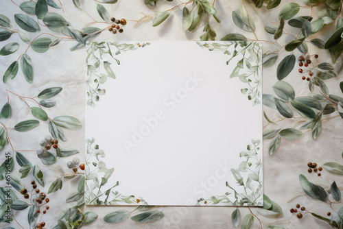 Close up pack shot of a blank square paper greeting card on a bright early morning frosty mistletoe pattern Christmas table cloth.
