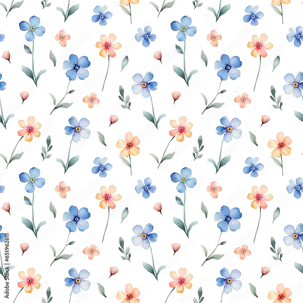 Watercolor summer floral pattern isolated on white background.