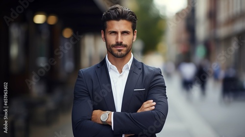 Confident young businessman on the street, arms crossed, smiling at the camera. Professional success
 photo