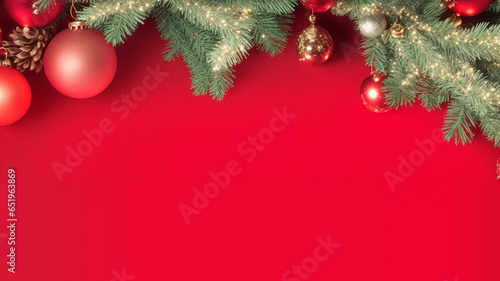 New Year's red background with Christmas tree toys and Christmas tree branches, made by Ai