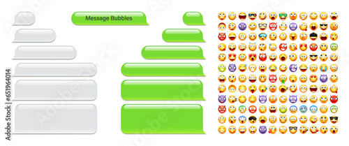 Blank message bubbles with emoji. Green chat or messenger speech bubble. SMS text frame. Short message sending. Conversation screen. Social media application. Vector illustration