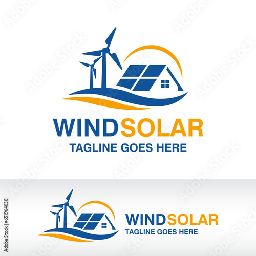 Solar Panels And Wind turbine logo, Renewable Energy logo Concept