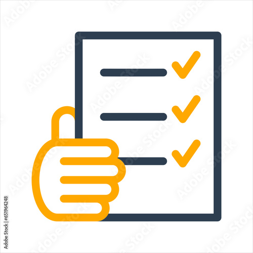 Illustration icon of a hand holding a review document. Providing information on review results, informing survey results.