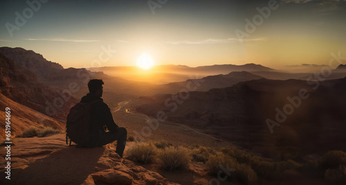 Hiker Overlooking the Desert Landscape at Sunset