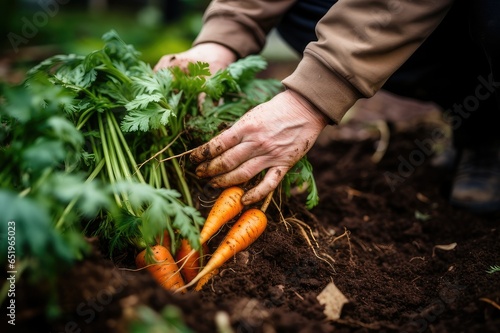 A close-up view of a gardener's hands as they pull a carrot from the ground