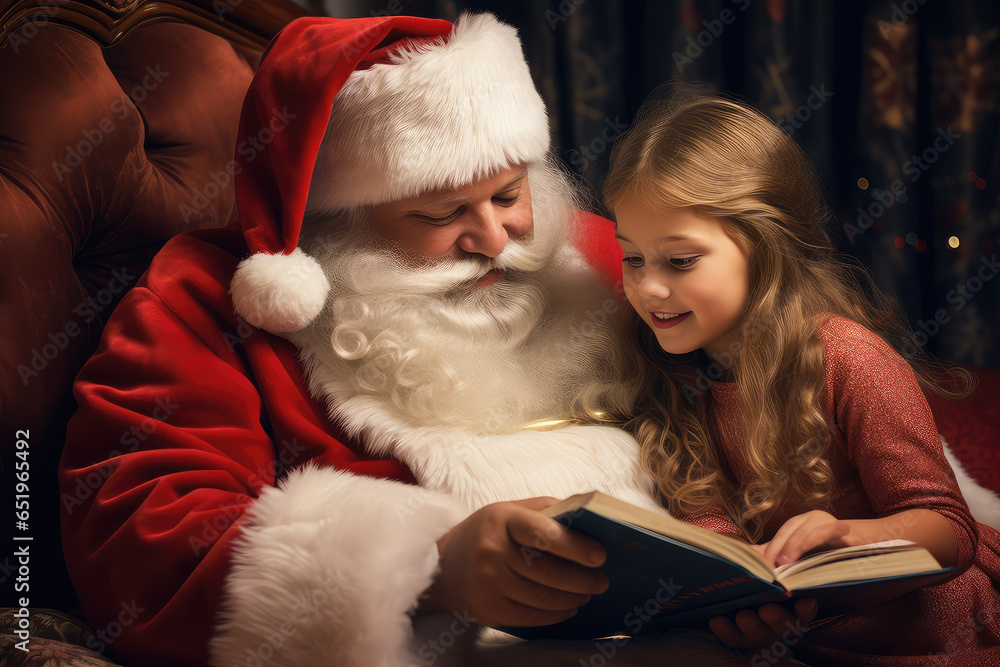 Obraz premium Christmas concept view from Children girl Santa Claus doing homework in bedroom. Smile and happy.