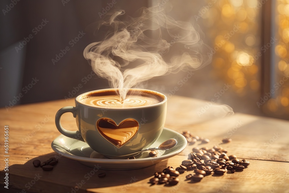hot coffee with steam heart. ai generative hot coffee with steam heart. ai generative