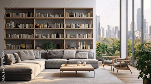 Interior of a bright living room in Japandi style with a cozy white sofa  shelves with books and large panoramic windows