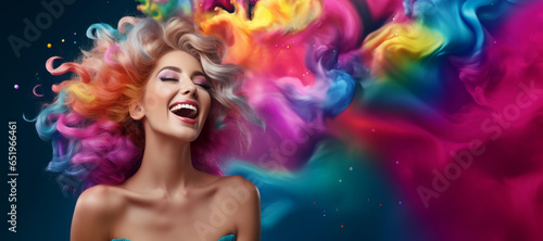 Dreamy young woman with long rainbow colored hair. Beauty fashion banner