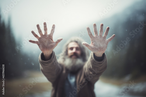 Human evolution: a beard man showing his hands with a mutation of six fingers photo