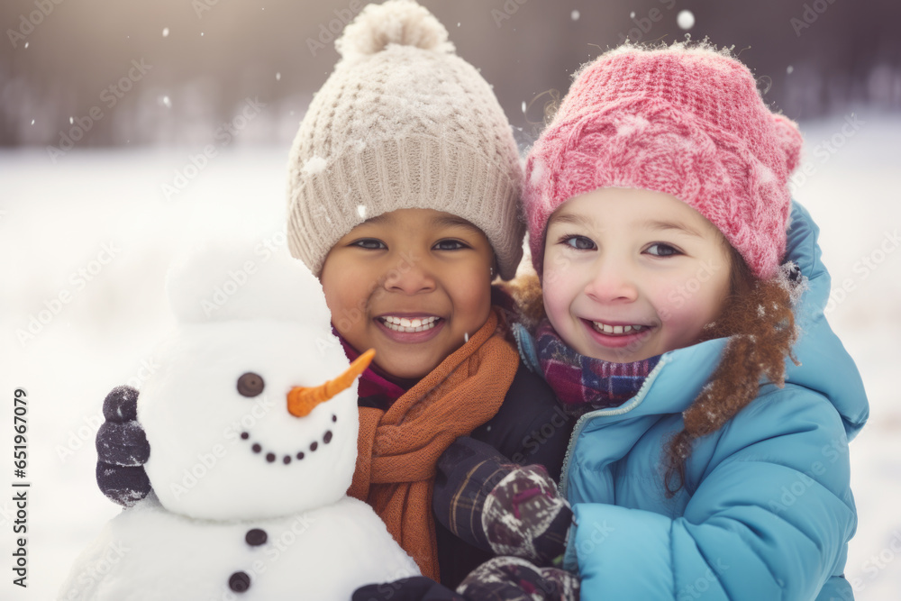 Two little happy multi-ethnic children making snowman and having fun outdoors in snow, winter time