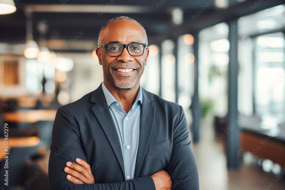 Portrait of a proud smiling confident middle aged African American businessman in office. Elegant, stylish, corporate leader, successful CEO executive manager. Wearing glasses and business suit
