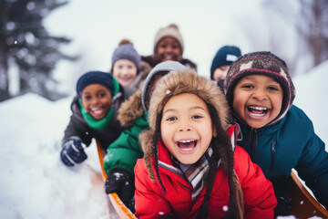 Group of diverse happy multi-ethnic children riding sledge and having fun outdoors in snow, winter time