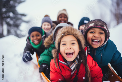 Group of diverse happy multi-ethnic children riding sledge and having fun outdoors in snow, winter time