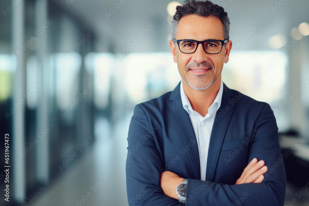 Portrait of a proud smiling confident middle aged hispanic businessman in office. Elegant, stylish, corporate leader, successful CEO executive manager. Wearing glasses and business suit Portrait of a proud smiling confident middle aged hispanic businessman in office. Elegant, stylish, corporate leader, successful CEO executive manager. Wearing glasses and business suit