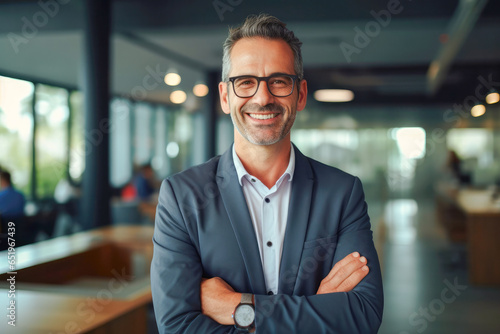 Portrait of a proud smiling confident middle aged hispanic businessman in office. Elegant  stylish  corporate leader  successful CEO executive manager. Wearing glasses and business suit