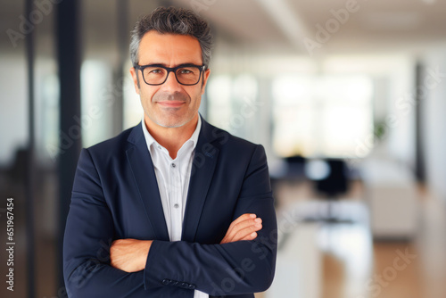 Portrait of a proud smiling confident middle aged hispanic businessman in office. Elegant, stylish, corporate leader, successful CEO executive manager. Wearing glasses and business suit