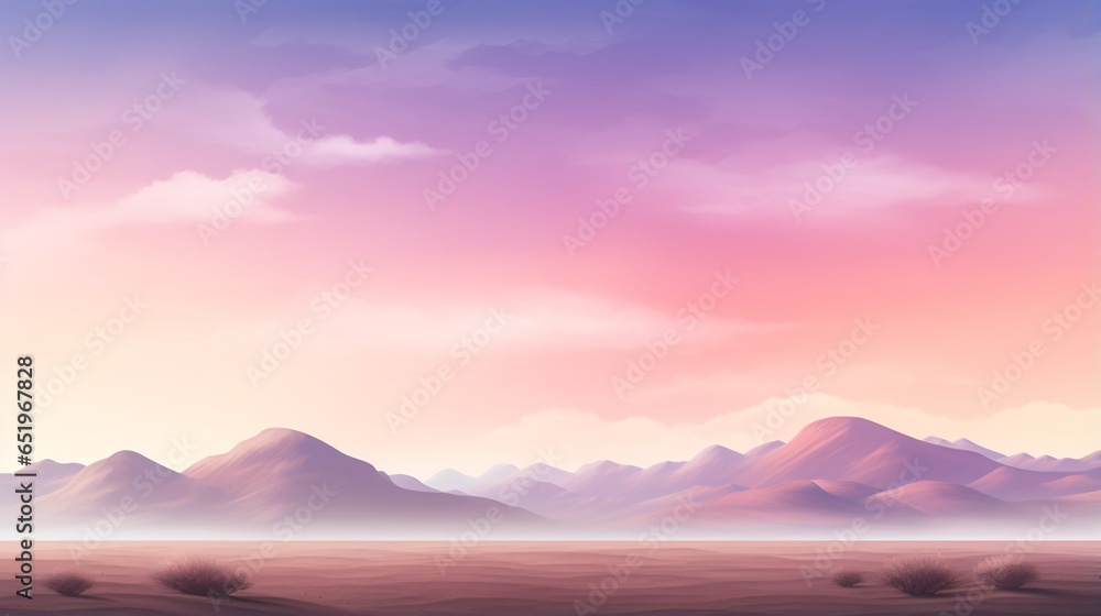 Peaceful ethereal desert foggy landscape with mountains pc desktop wallpaper background, ai generated	
