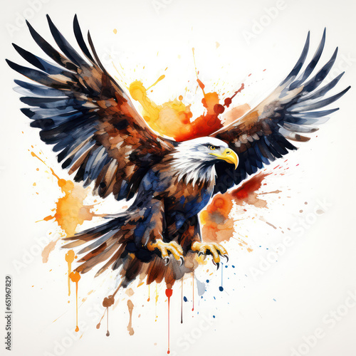 Majestic Soar: Watercolor Eagle Takes Flight Against a Clean White Canvas
