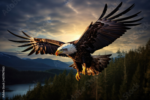 Eagle Soars High in the Crisp Sky, A Symbol of Cold Season's Majesty