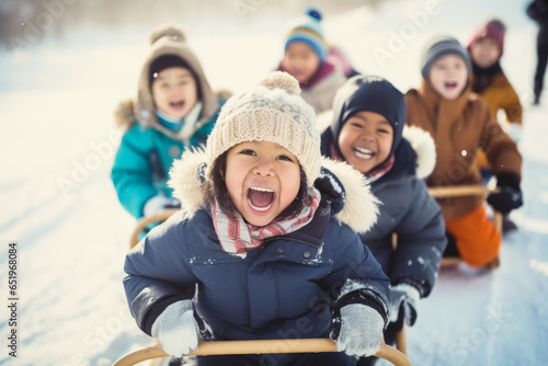 Group of diverse happy multi-ethnic children riding sledge and having fun outdoors in snow, winter time