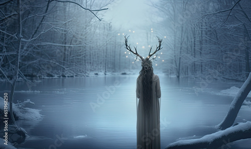 woman with antlers in winter forest standing near the frozen lake, fantasy pagan winter solstice. photo