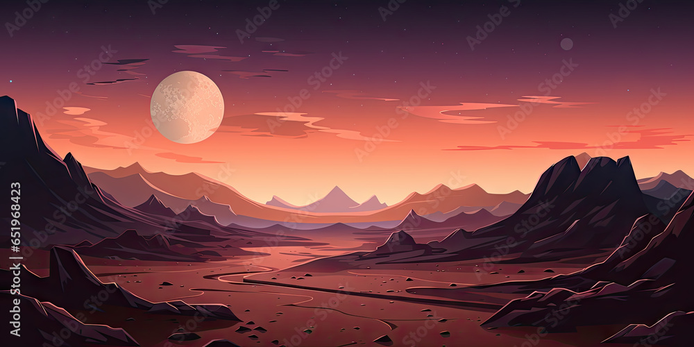 Fantasy landscape with mountains and a full moon. illustration.