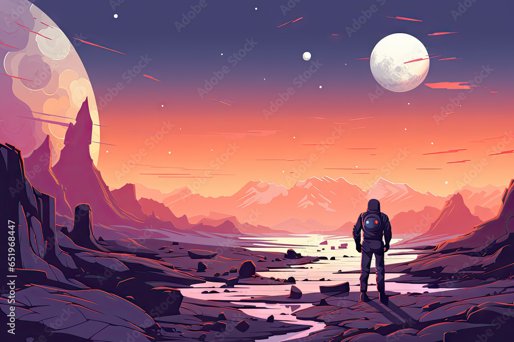 Fototapeta premium Fantasy landscape with mountains, river and moon. illustration.