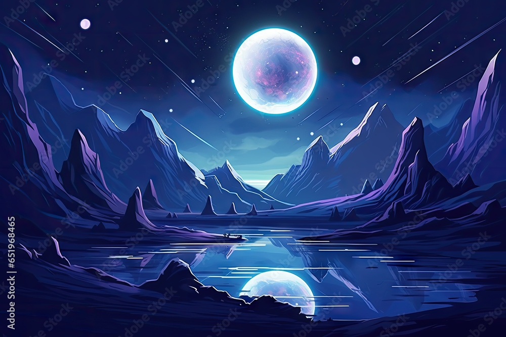 Fantasy landscape with mountains, lake and full moon. illustration