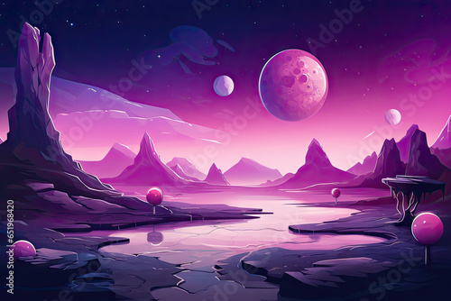 Fantasy alien landscape with planet and moon, cartoon illustration. © ebhanu