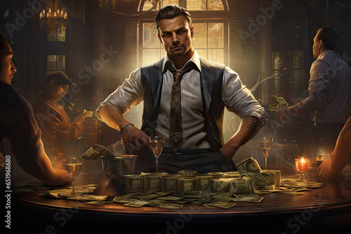 Handsome young man playing poker at night club. Casino concept.