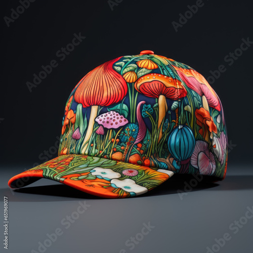 Baseball cap with floral pattern on a dark background. 3d rendering © ebhanu