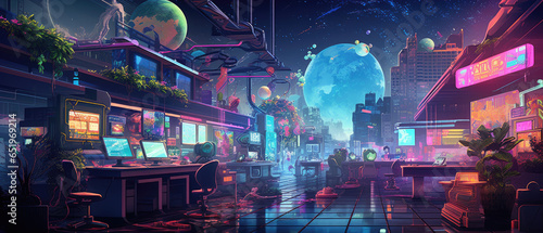 Futuristic night city with neon lights. The concept of the future.