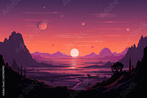 Fantasy landscape with mountains  river and moon. illustration.